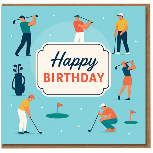 Golf Birthday Card - Happy Birthday - Illustrated Golfers on the Course, Swinging and Putting - Sporty Design for Golf Fans, Dad, Mum, Husband, Wife, Friend