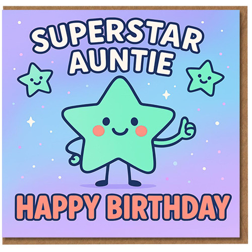 Superstar Auntie Birthday Card - Cute Kawaii Star with Thumbs Up on Pastel Sky - Happy Birthday Card for Auntie
