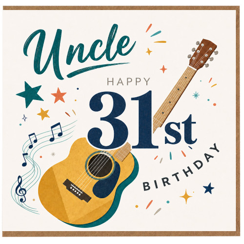 Uncle 31st Birthday Card, Music and Guitar Birthday Card