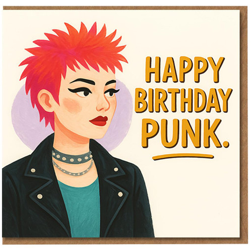 Happy Birthday Punk Card - Illustrated Punk Rock Girl with Spiky Red Hair, Leather Jacket and Bold Typography - Funny Alternative Birthday Card