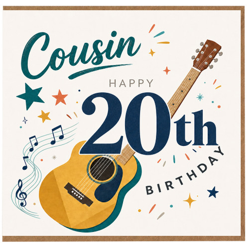 Cousin 20th Birthday Card, Happy 20th Birthday Music and Guitar Design