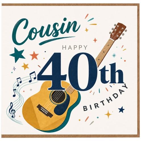 Cousin 40th Birthday Card, Happy 40th Birthday Guitar Music Themed Card