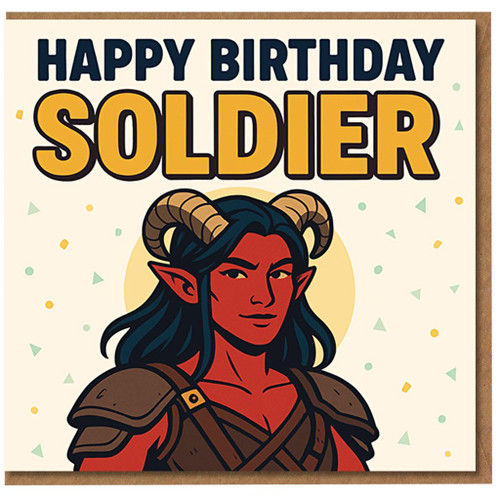 Happy Birthday Soldier Card - Fantasy Warrior Illustration with Confetti - Bold Birthday Card for a Soldier, Army Friend, Boyfriend or Husband