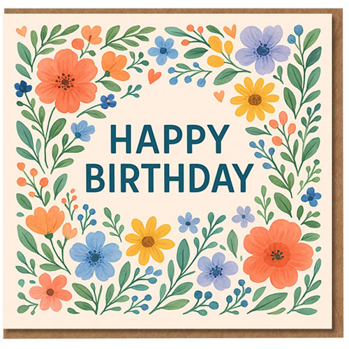 Happy Birthday Floral Border Card - Colourful Hand-Painted Flowers with Bold Message - Elegant Birthday Greeting for Anyone