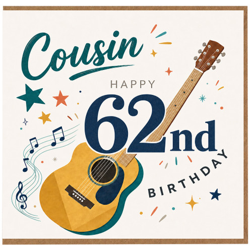 Cousin 62nd Birthday Card, Music and Guitar Theme