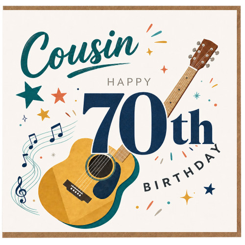 Cousin 70th Birthday Card, Musical Guitar Birthday Card