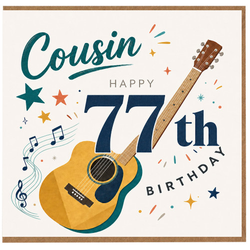 Cousin 77th Birthday Card, Musical Guitar Happy Birthday Card