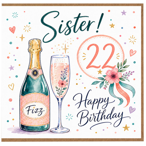 Sister 22nd Birthday Card, Happy Birthday Champagne Card