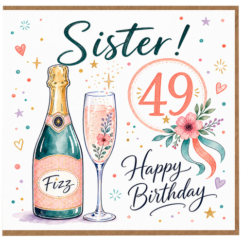 Sister 49th Birthday Card, Happy Birthday Champagne and Floral Design