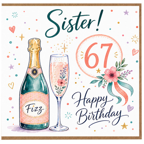 Sister 67th Birthday Card, Happy Birthday Fizz Champagne Floral Card