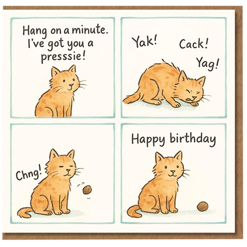 Funny Cat Birthday Card - Cartoon Panels Hairball 'Presssie' Gift - Cheeky Humour - Happy Birthday for Friends, Him or Her, Cat Lovers