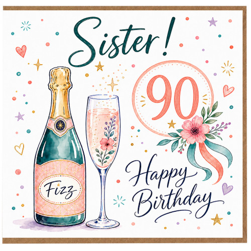 90th Birthday Sister Card, Happy Birthday with Champagne and Floral Design