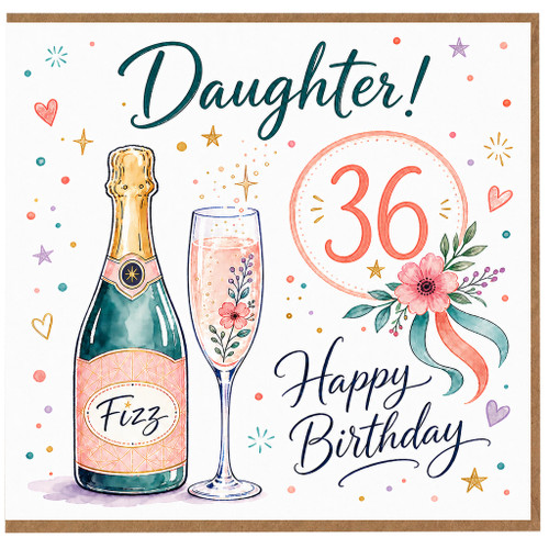 Daughter 36th Birthday Card, Happy Birthday Card with Champagne Bottle and Floral Design
