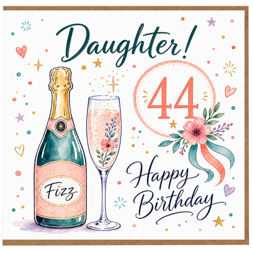 Daughter 44th Birthday Card, Happy Birthday Champagne and Floral Design