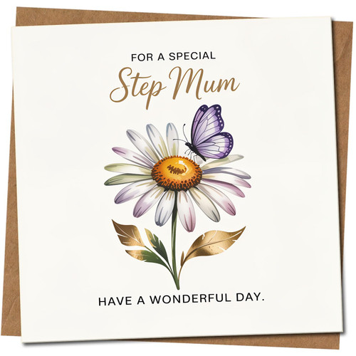 For a Special Step Mum Daisy & Butterfly Greeting Card, 145mm x 145mm, Have a Wonderful Day, Includes Kraft Envelope