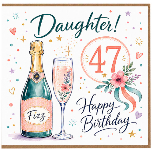 Daughter 47th Birthday Card, Happy Birthday Champagne and Flowers Design