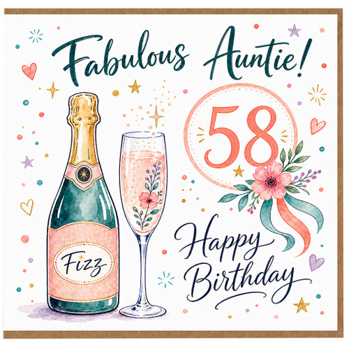 58th Birthday Card for Auntie, Fabulous Auntie Happy Birthday Card, Champagne Fizz Floral Design