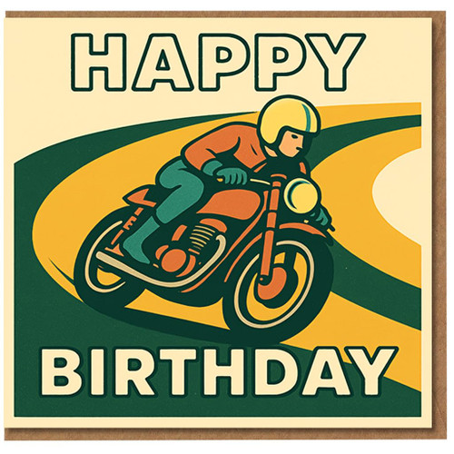 Happy Birthday Card - Retro Motorbike Rider Racing Around Bend, Bold Vintage Illustration for Bikers and Petrolheads