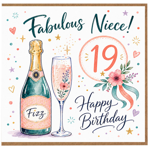 19th Birthday Card for Niece, Fabulous Niece Happy Birthday Fizz Card