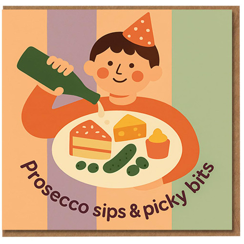 Prosecco Sips & Picky Bits Birthday Card - Party Hat Illustration with Nibbles and Bubbles - Fun Foodie Celebration Card