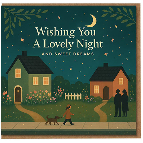 Good Night Thinking of You Card - Wishing You A Lovely Night and Sweet Dreams - Cosy Houses, Moon and Stars Bedtime Greeting Card