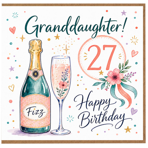 27th Birthday Card for Granddaughter, Happy 27 Birthday Card with Champagne and Floral Design