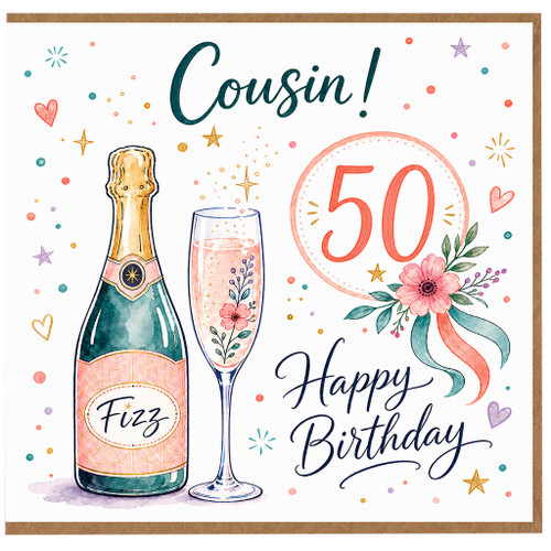 50th Birthday Cousin Card, Happy 50th Birthday with Champagne and Floral Design