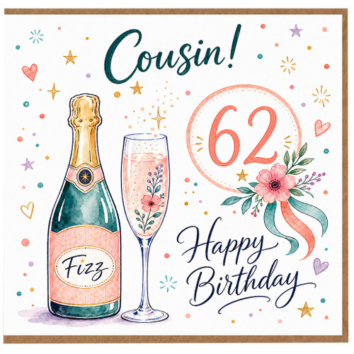 Cousin 62nd Birthday Card, Happy Birthday Fizz Celebration Card