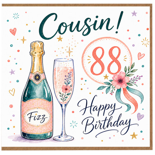 88th Birthday Card for Cousin, Happy Birthday Champagne and Floral Design