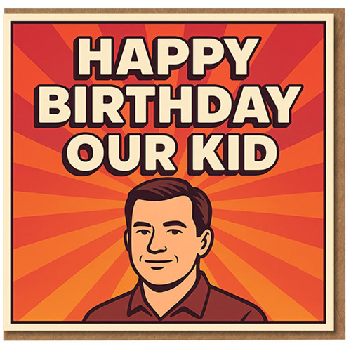Happy Birthday Our Kid Card - Retro Sunburst Design with Illustrated Bloke - Funny Brother Birthday Card from the Family, Northern Slang Greeting