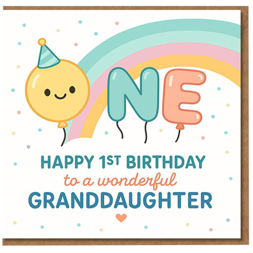 Granddaughter 1st Birthday Card - Cute Rainbow Balloon Design - 'Happy 1st Birthday to a Wonderful Granddaughter' with ONE Balloons and Party Hat