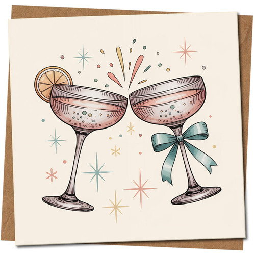 Champagne Glasses Clinking Celebration Congratulations Card, Elegant Toast Design with Stars & Bow, 145mm x 145mm, for Wedding, Engagement, Anniversary, New Job or Graduation, Includes Kraft Envelope