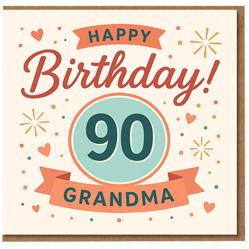 Happy 90th Birthday Grandma Card - Retro Confetti and Hearts Design with Big 90 Medallion and Ribbon Banner