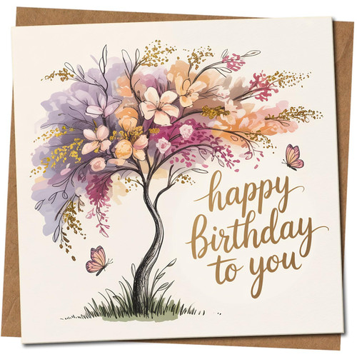 Floral Birthday Card 145mm x 145mm - Elegant Blossom Tree and Butterflies - 'Happy Birthday to You' -, Includes Kraft Envelope