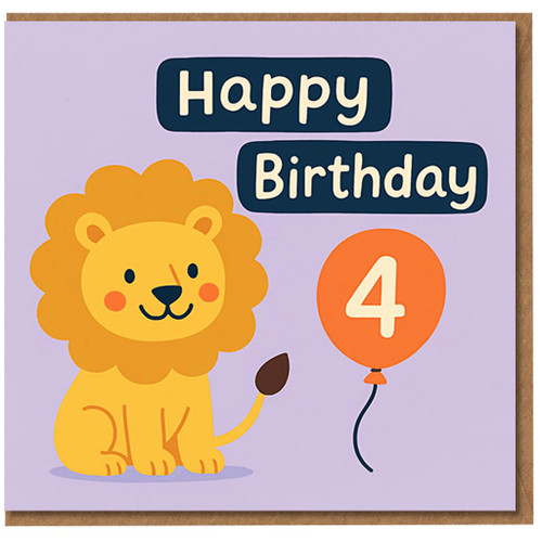 4th Birthday Card for Kids - Cute Lion with Number 4 Balloon - Happy Birthday Children Jungle Safari Animal Design for Boys or Girls