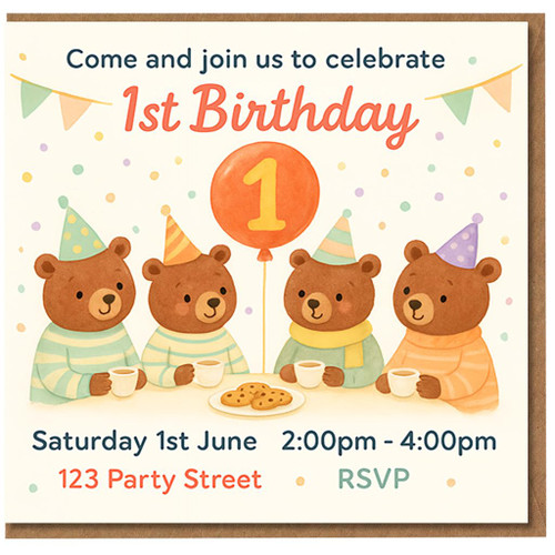 1st Birthday Card - Cute Teddy Bears Tea Party with Balloon and Bunting - 'Come and join us to celebrate 1st Birthday' Message - Adorable Children's Party Design