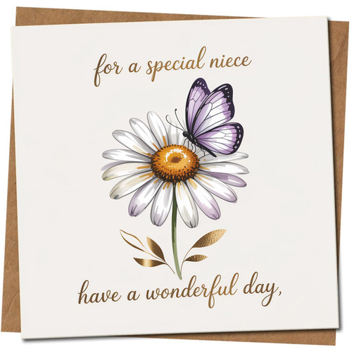 Niece Birthday Card - Daisy and Butterfly Floral Design - For a Special Niece, Have a Wonderful Day - 145mm x 145mm Square Greeting Card, Includes Kraft Envelope