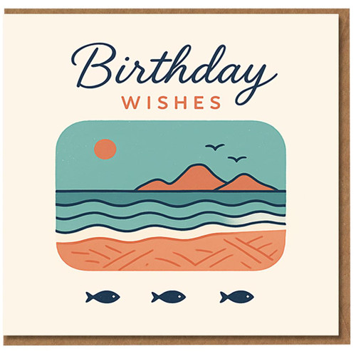 Birthday Wishes Coastal Scene Card - Retro Seaside Illustration with Sun, Islands, Waves and Fish - Seaside Birthday Card for Beach Lovers, Him or Her