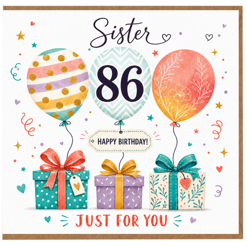 Sister 86th Birthday Card, Happy Birthday Balloon and Gifts Design