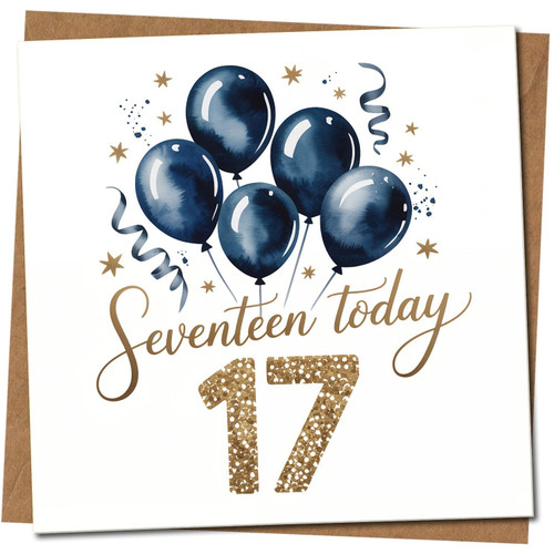 Seventeen Today 17 Birthday Card - Blue Balloons & Stars - 145mm x 145mm Square - 17th Birthday Card, Includes Kraft Envelope
