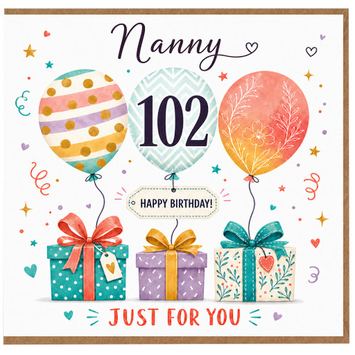 Nanny 102nd Birthday Card, Happy Birthday Balloon and Gifts Design