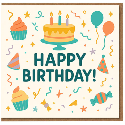 Happy Birthday Card - Colourful Cake, Balloons, Cupcakes & Confetti Illustration - Fun Celebration Design for Him, Her, Friends or Family