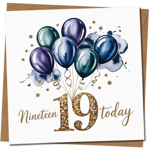 19th Birthday Card - Nineteen Today Balloons and Stars - Blue and Gold - 145mm x 145mm Square - Age 19, Includes Kraft Envelope