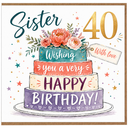Sister 40th Birthday Card with Floral Cake Design