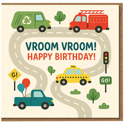 Vroom Vroom Happy Birthday Card - Cute Road & Vehicles Theme with Taxi, Fire Engine, Recycling Truck and Balloons - Fun Car Lovers Kids Birthday Card