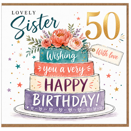 Sister 50th Birthday Card, Lovely Birthday Card With Love and Floral Cake Design