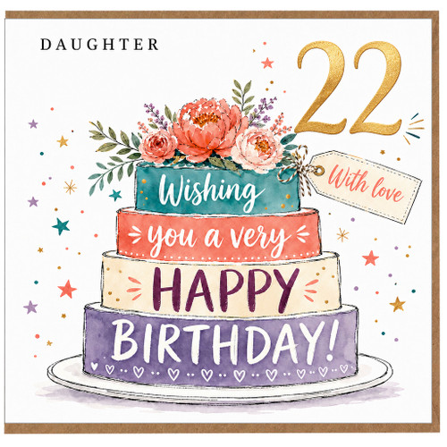 Daughter 22nd Birthday Card, With Love Wishing You a Very Happy Birthday Cake Design