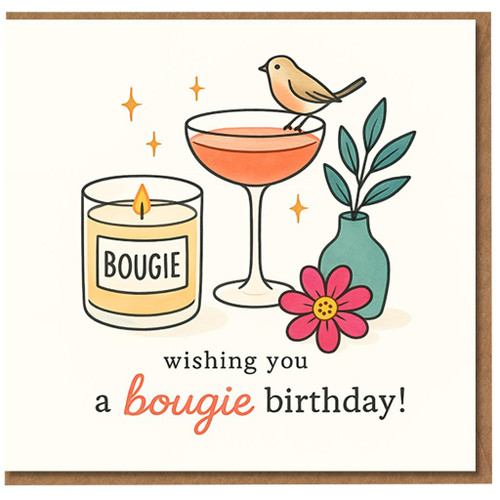 Bougie Birthday Card - Cocktail Glass with Bird, Candle and Flower Illustration - Funny Pun Greeting - Wishing You a Bougie Birthday