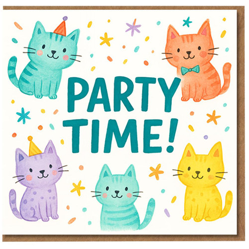 Cute Cats 'Party Time!' Birthday Card - Colourful Confetti Kittens and Stars, Fun Kids and Cat Lover Celebration