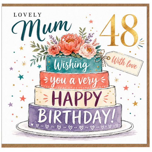 Mum 48th Birthday Card, Lovely Mum Birthday Card with Floral Cake Design